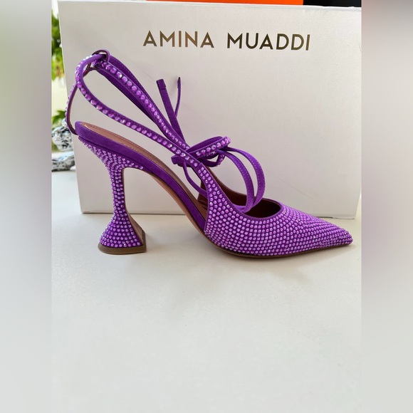 Amina Muaddi Karma Embellished Suede Crystal Embellished Lace Up Pumps Violet - Picture 8 of 9